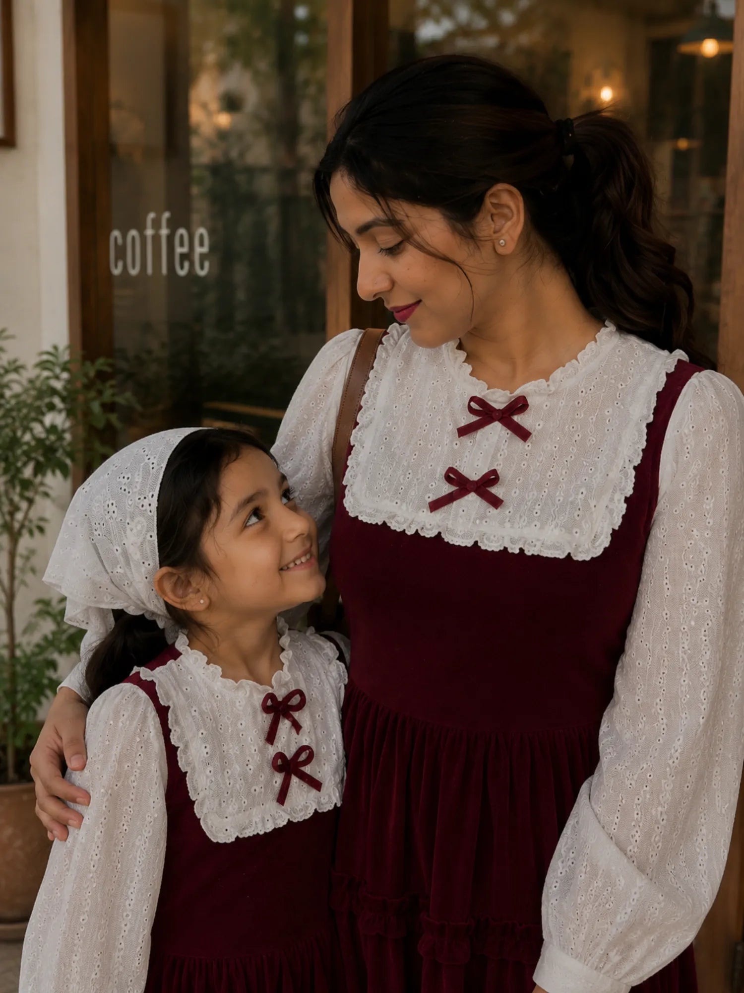 YEZWE Red Velvet Vintage Twinning Maxi Dress Set Mom and Daughter with matching styles and bows