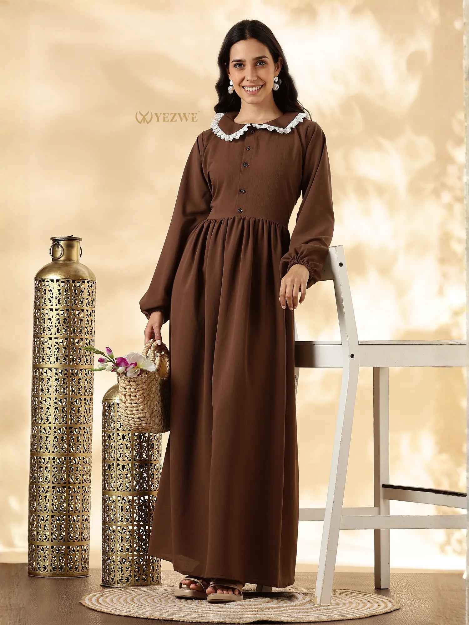 YEZWE Brown Cey Modest Maxi Dress With Lace Collar Detailing