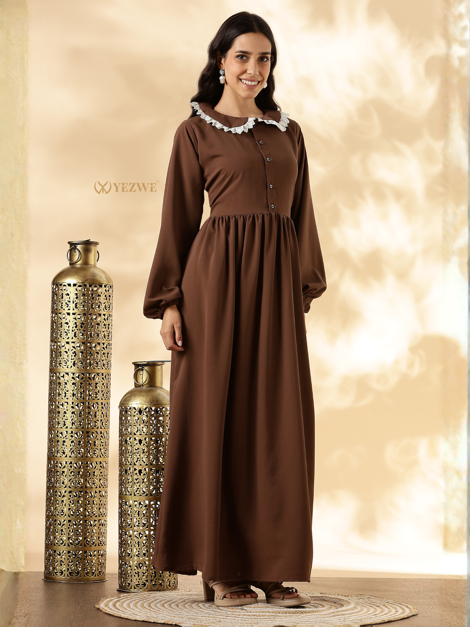 Cey Modest Maxi Dress in Brown with Ruffled Collar and Long Sleeves for Elegant Style