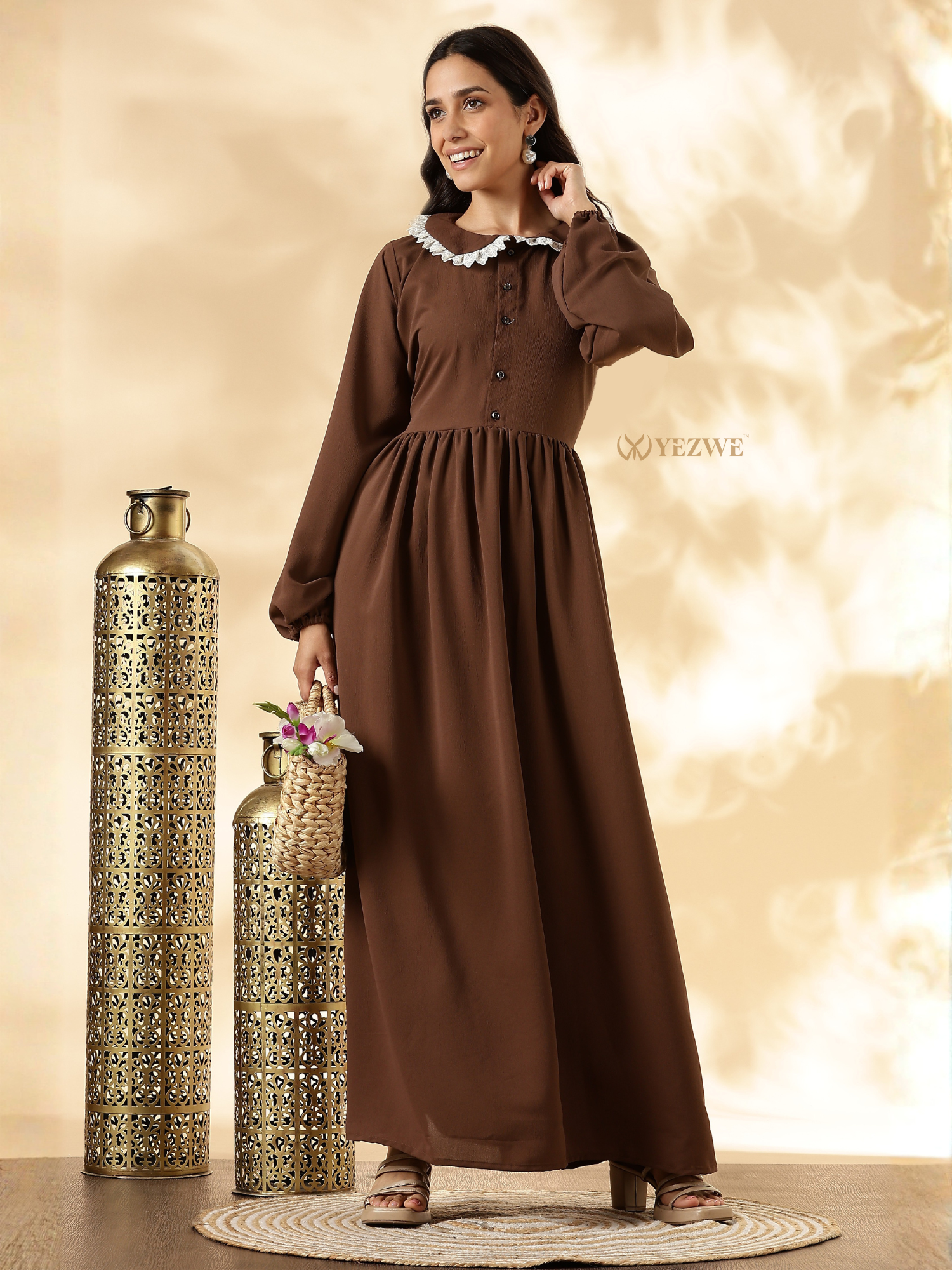 Cey Modest Maxi Dress in Brown with Button Details and Puff Sleeves, perfect for casual occasions