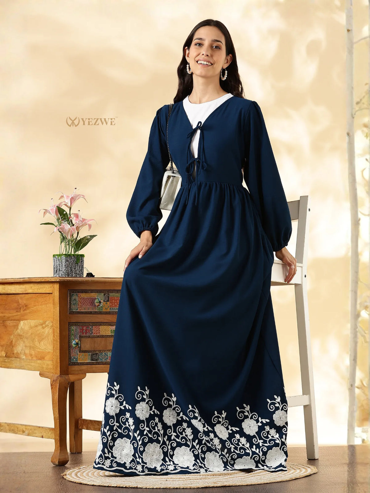 YEZWE Modest Maxi Dress in Navy with Elegant Floral Embroidery at the Hem