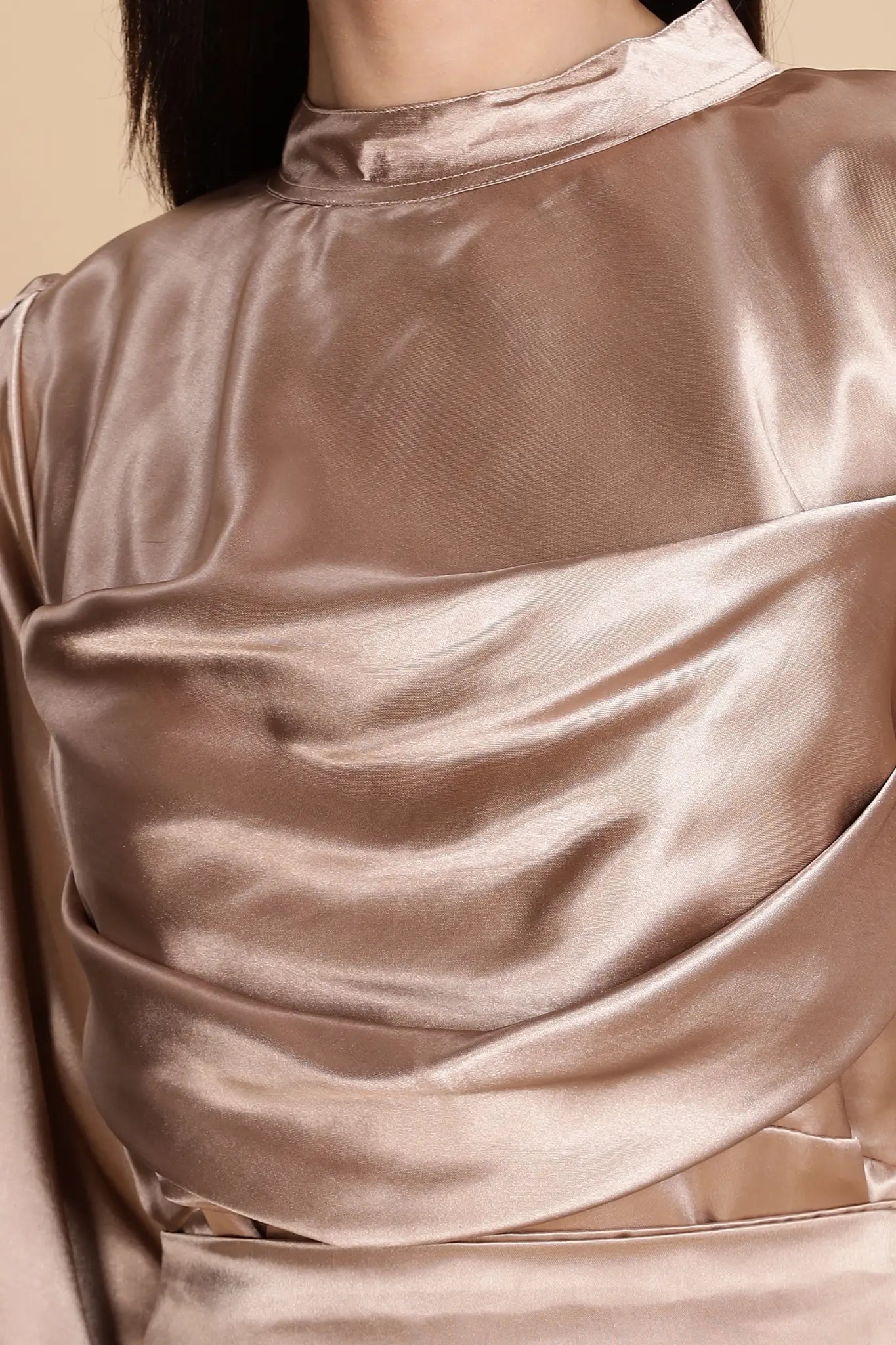 Golden Satin Maxi Dress with Elegant Draped Design and High Neck Detail by YEZWE