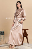 Elegant Golden Satin Maxi Dress by YEZWE with long sleeves for formal occasions