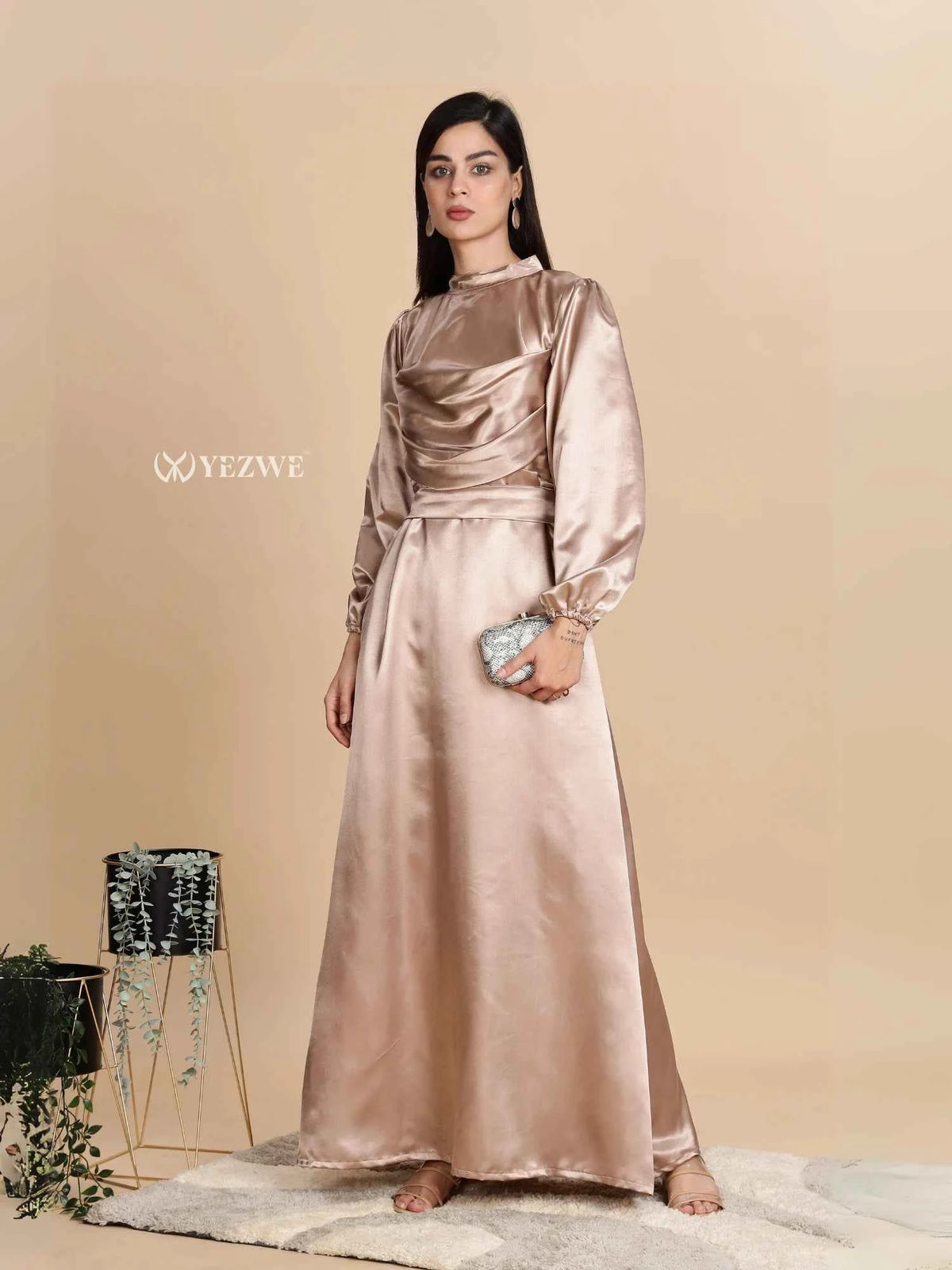 Elegant Golden Satin Maxi Dress by YEZWE with long sleeves and a flattering silhouette