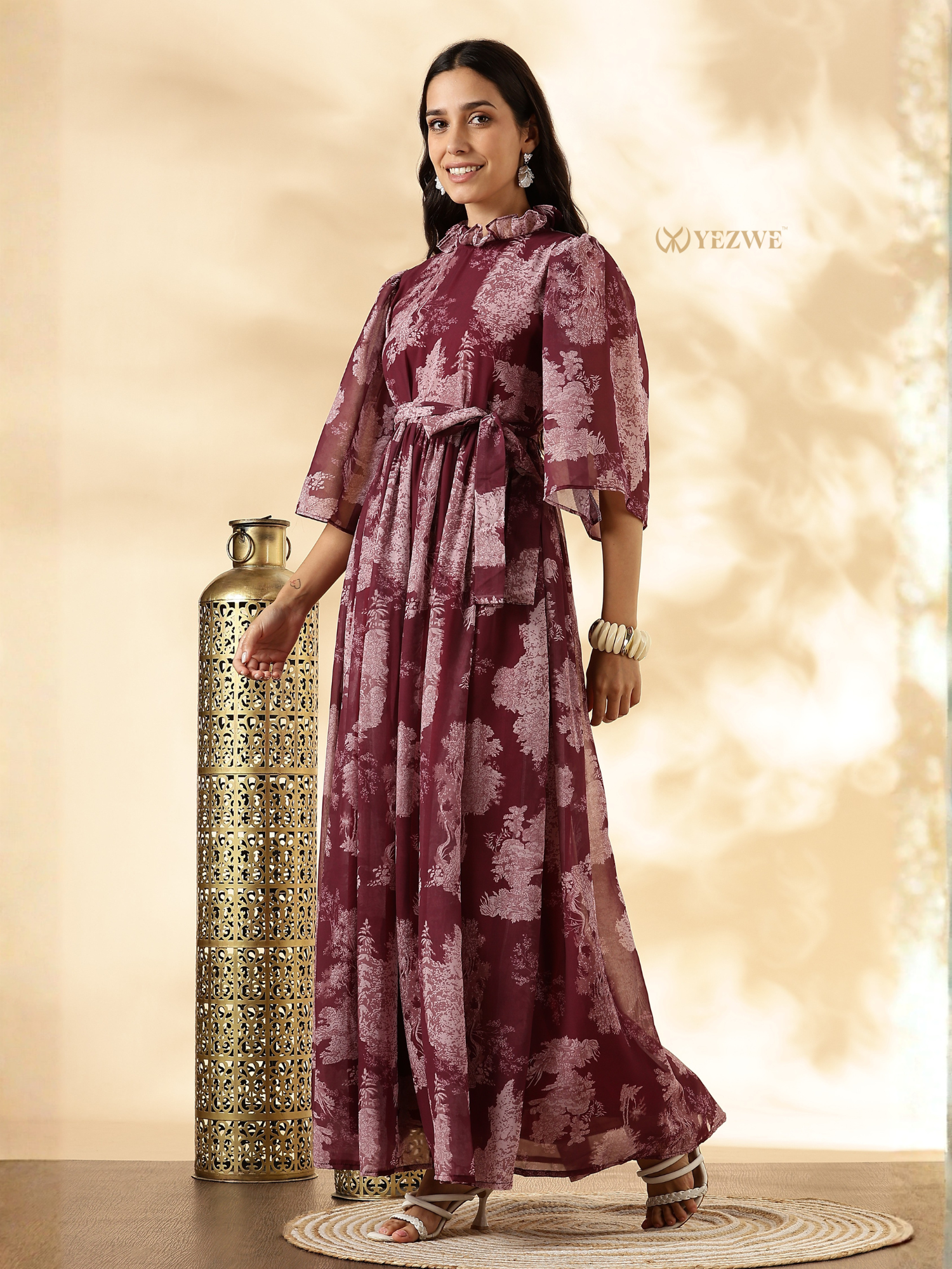 YEZWE modest maxi dress in burgundy floral pattern with a tie waist and flowing sleeves
