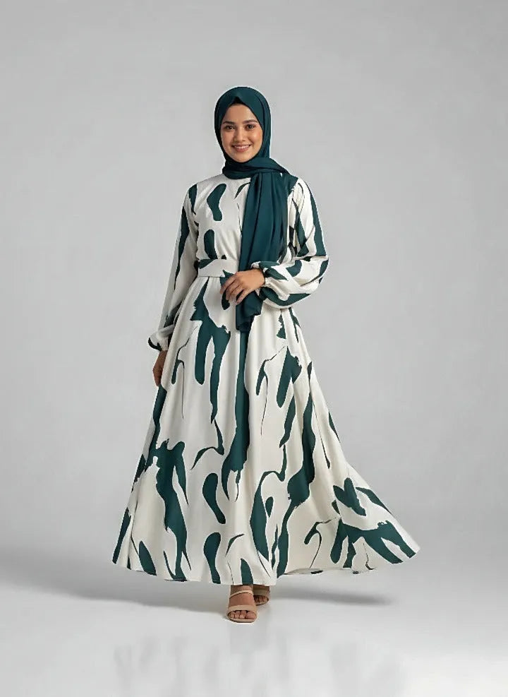 Yezwe modest ocean wave maxi dress with long sleeves and a flowing skirt, perfect for stylish comfort