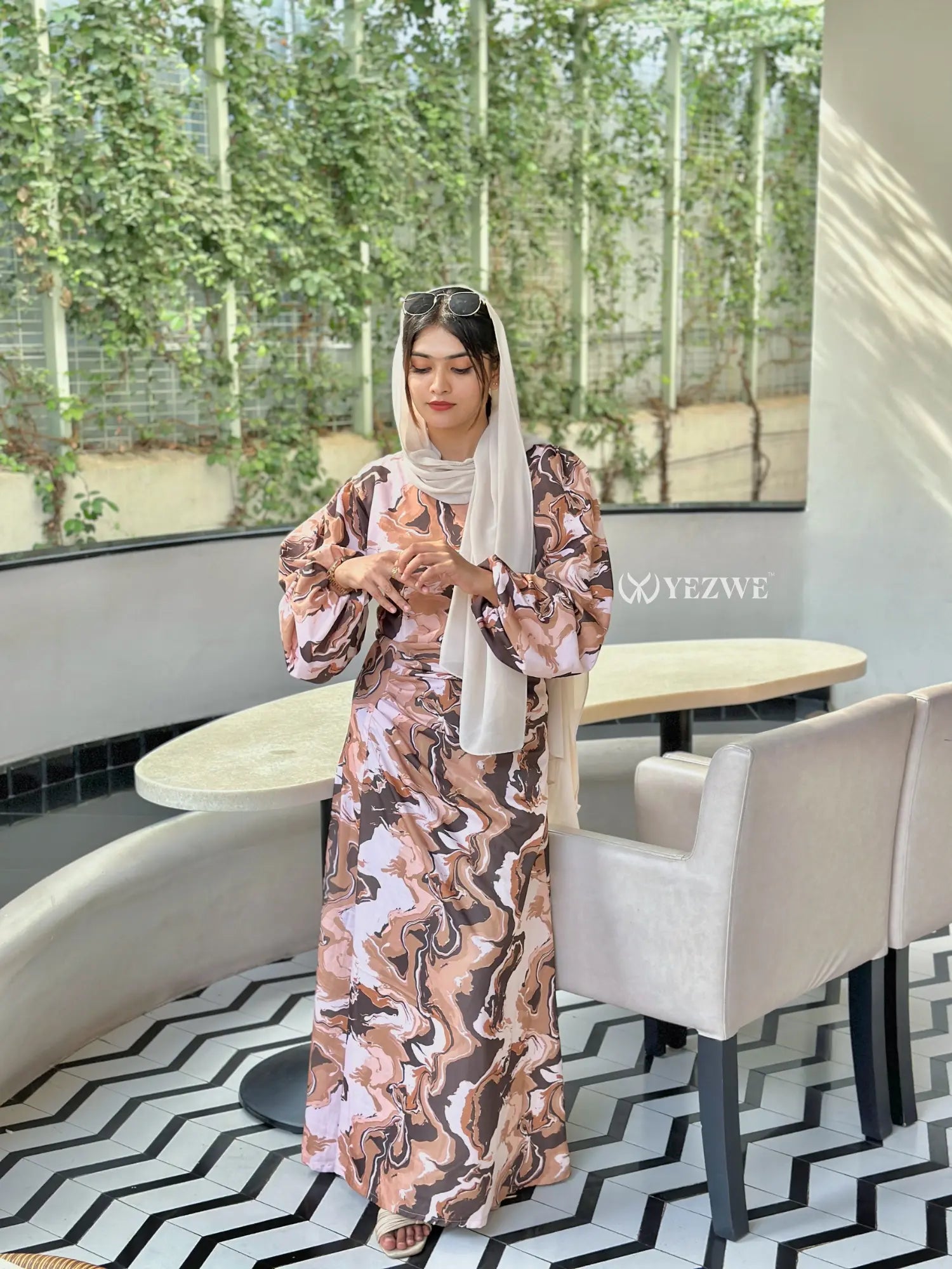 Modest mocha swirl maxi dress by Yezwe featuring long sleeves and a flowing design