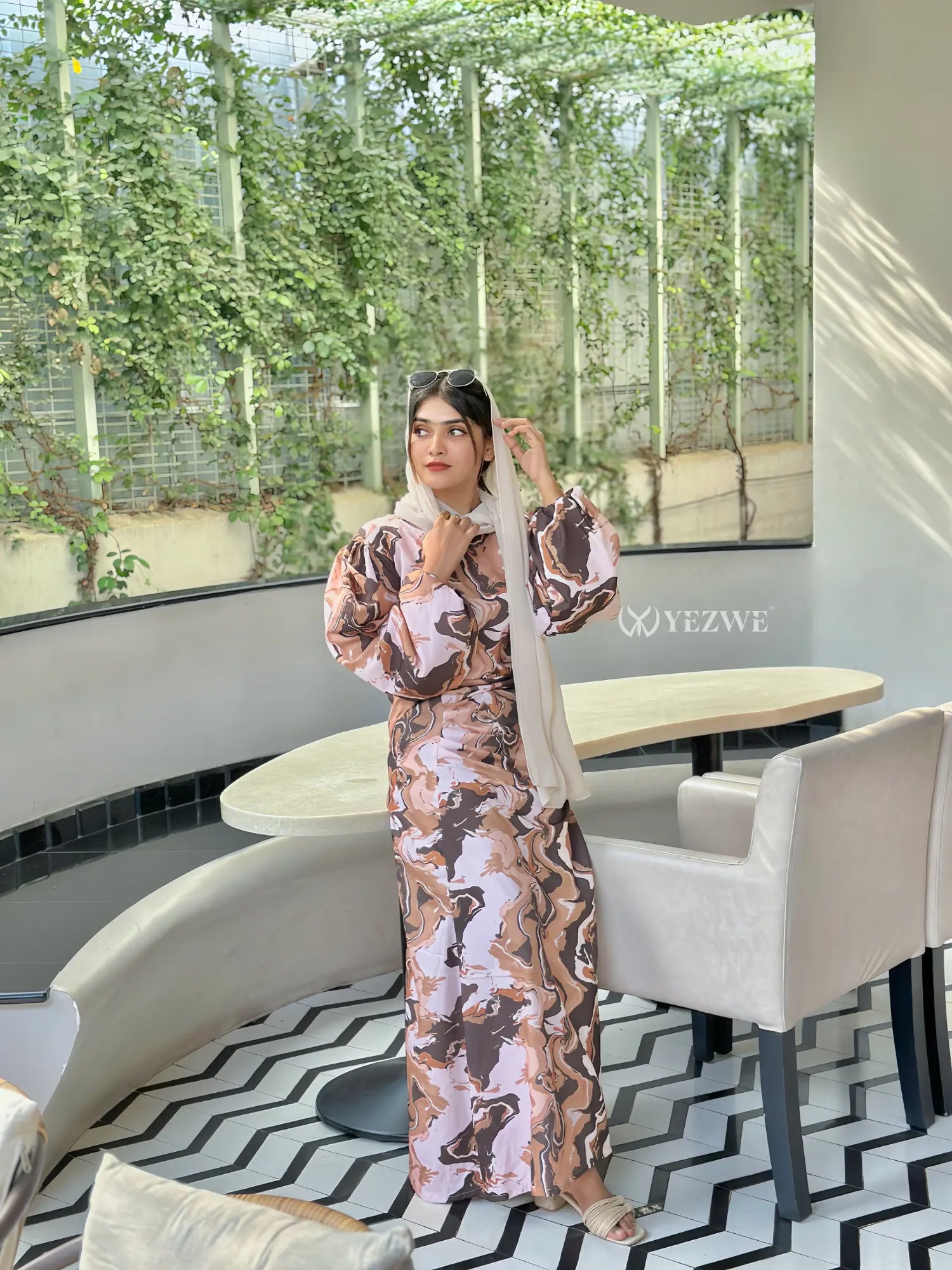 Modest mocha swirl maxi dress by Yezwe with long puff sleeves, perfect for stylish casual outings