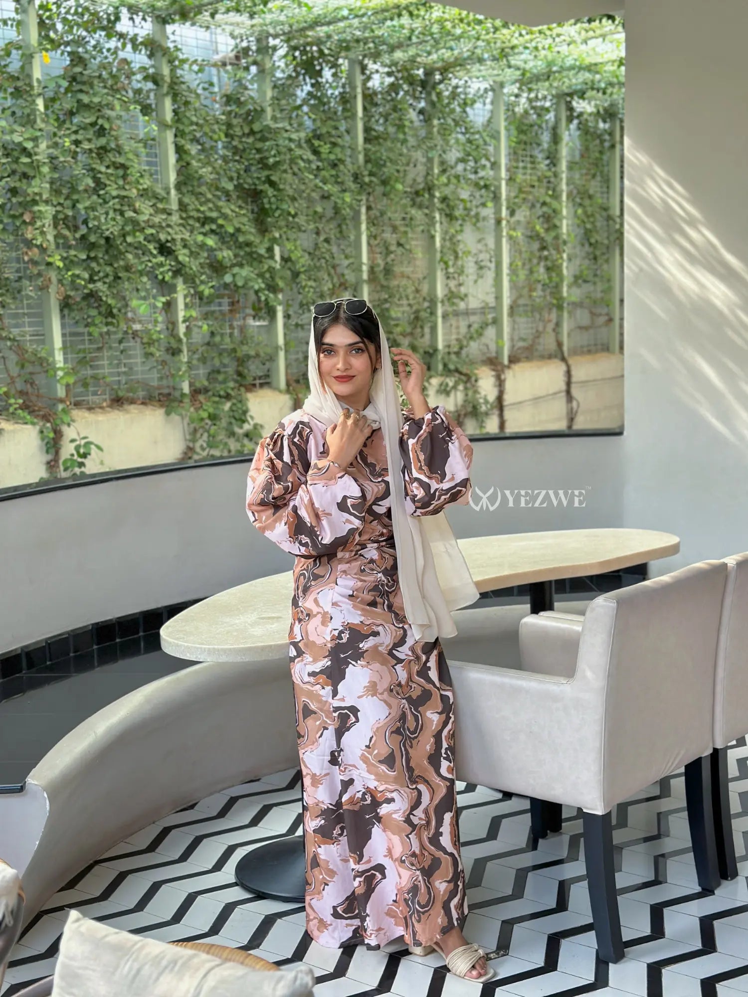 Yezwe modest mocha swirl maxi dress featuring a stylish swirl pattern and relaxed fit for elegant occasions