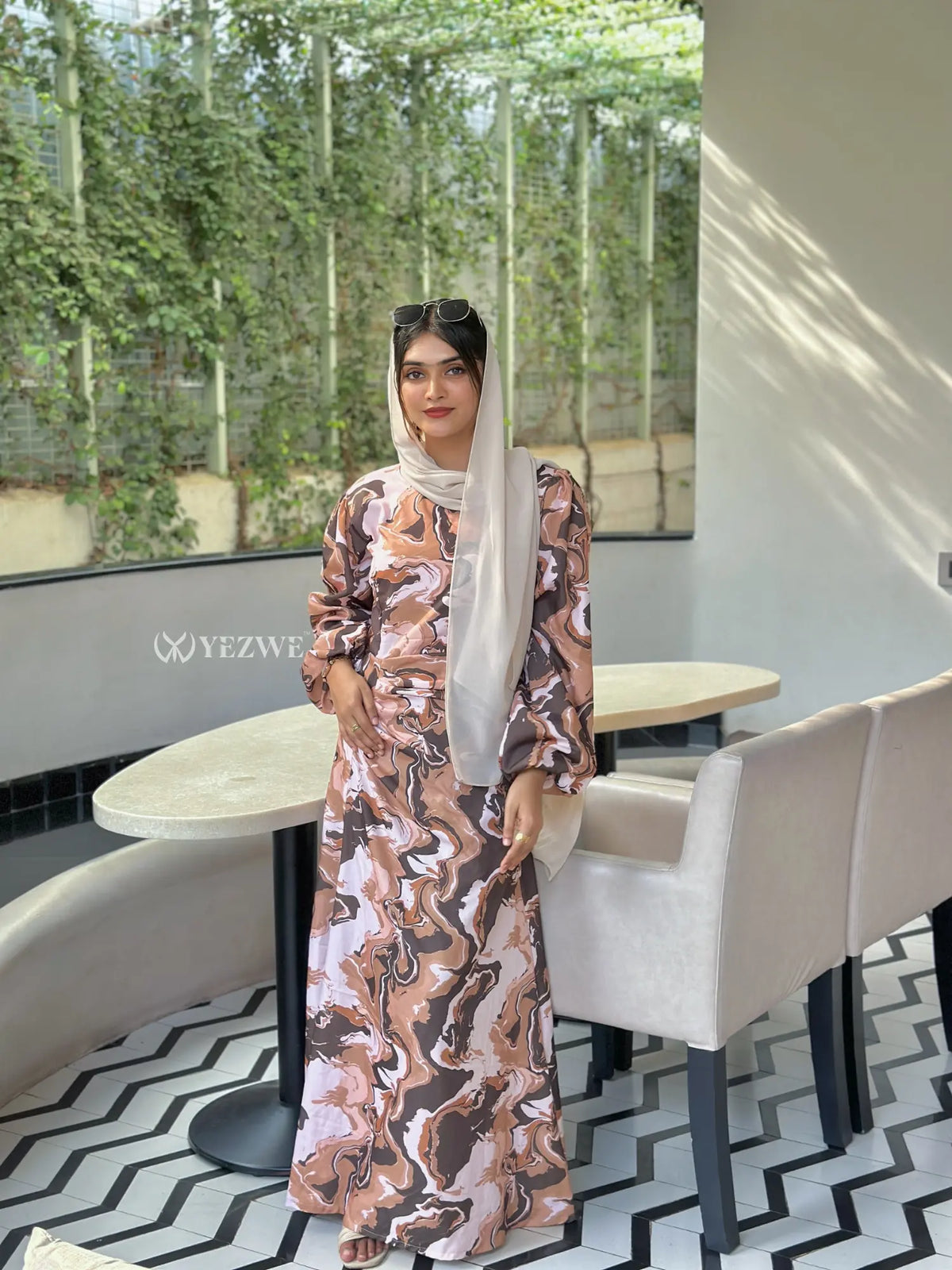 Modest mocha swirl maxi dress by Yezwe featuring a stylish design perfect for elegant occasions