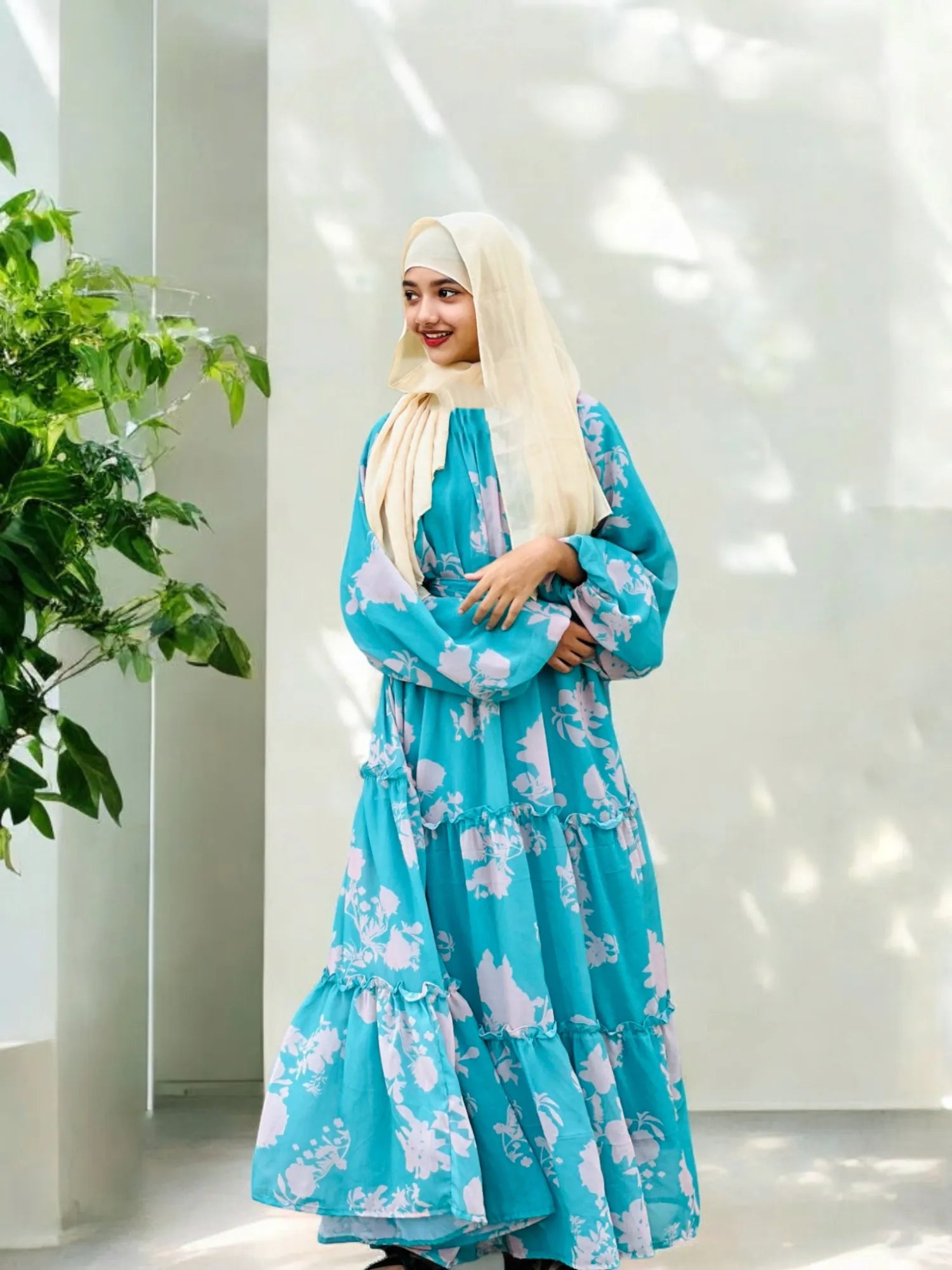 Aqua Blue Floral Maxi Dress by Yezwe with elegant floral patterns and flowing design