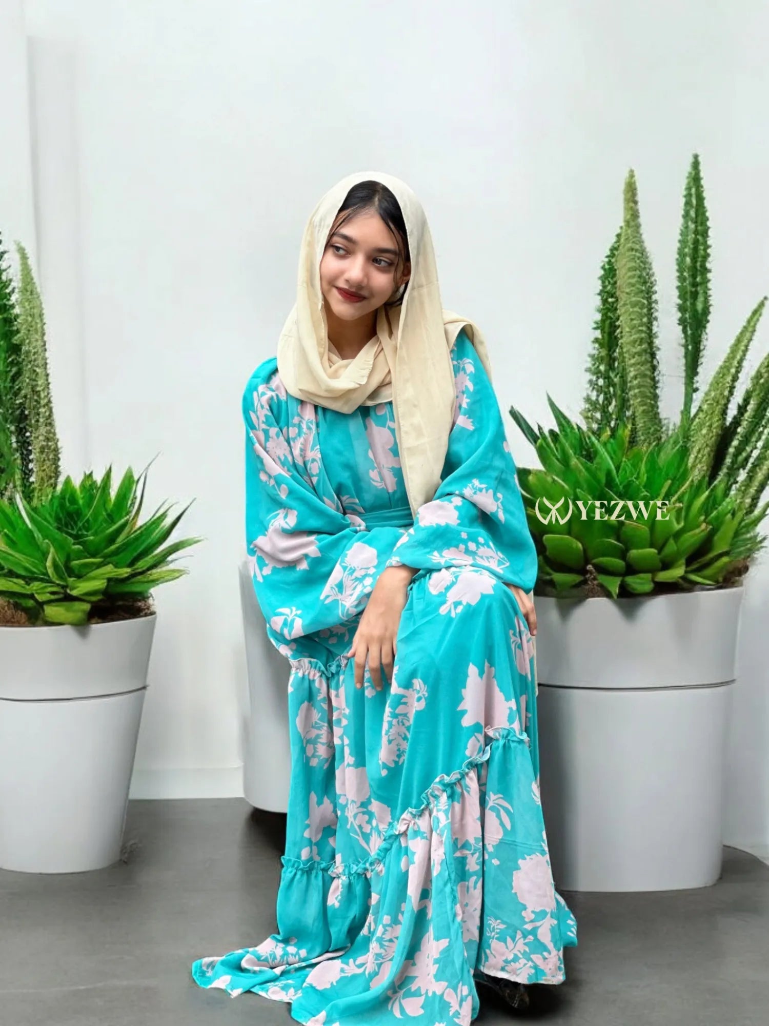 Aqua Blue Floral Maxi Dress by Yezwe with long sleeves and flowy design, perfect for summer outings