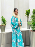 Aqua Blue Floral Maxi Dress by Yezwe featuring long sleeves and tiered design in a vibrant floral pattern