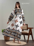 YEZWE Arabic Print Belted Full Length MODEST Maxi Dress in White with Elegant Pattern Design