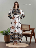 YEZWE Arabic Print Belted Full length MODEST Maxi Dress with elegant patterns and puff sleeves