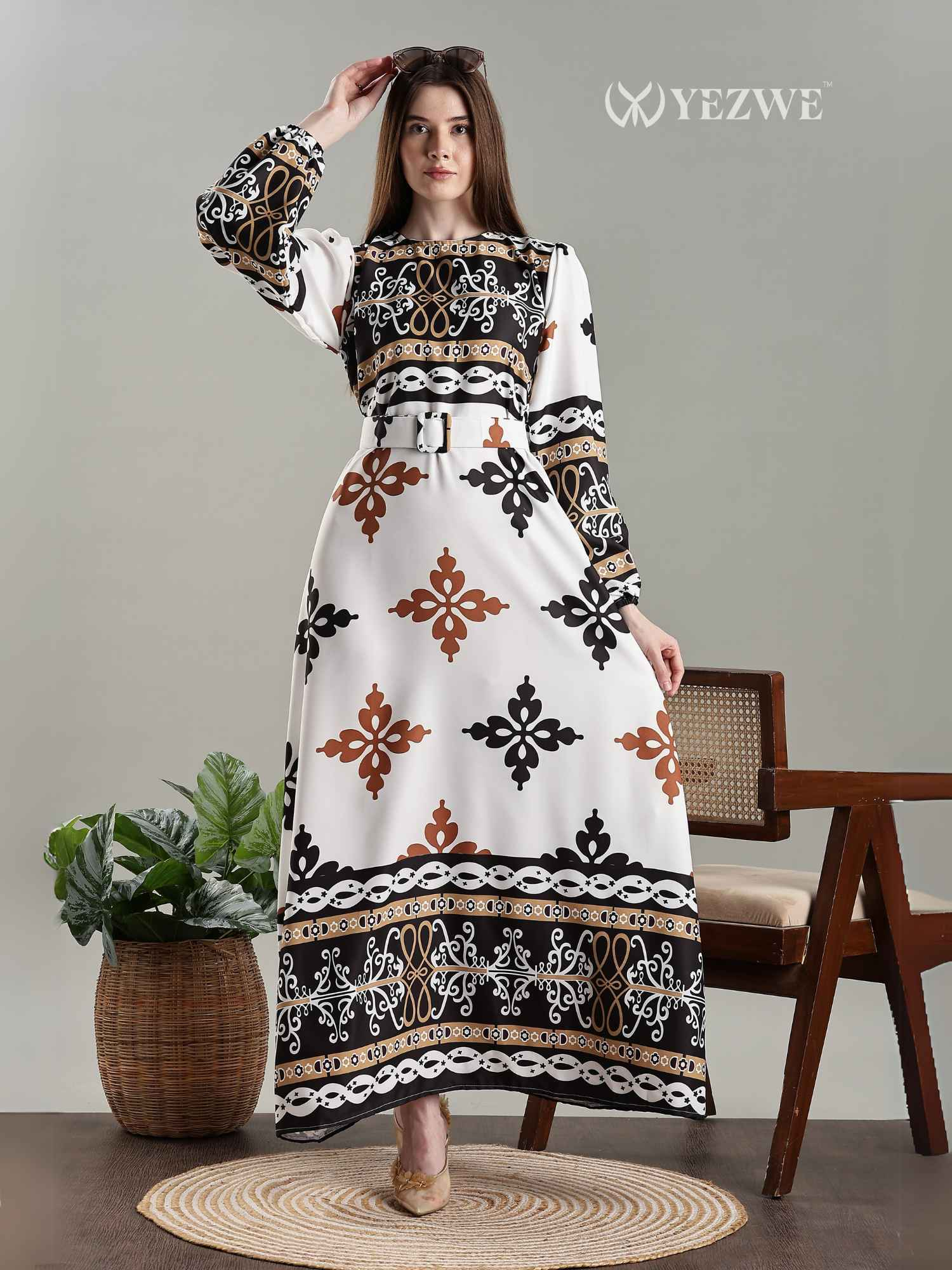 YEZWE Arabic Print Belted Full Length MODEST Maxi Dress in white with intricate patterns