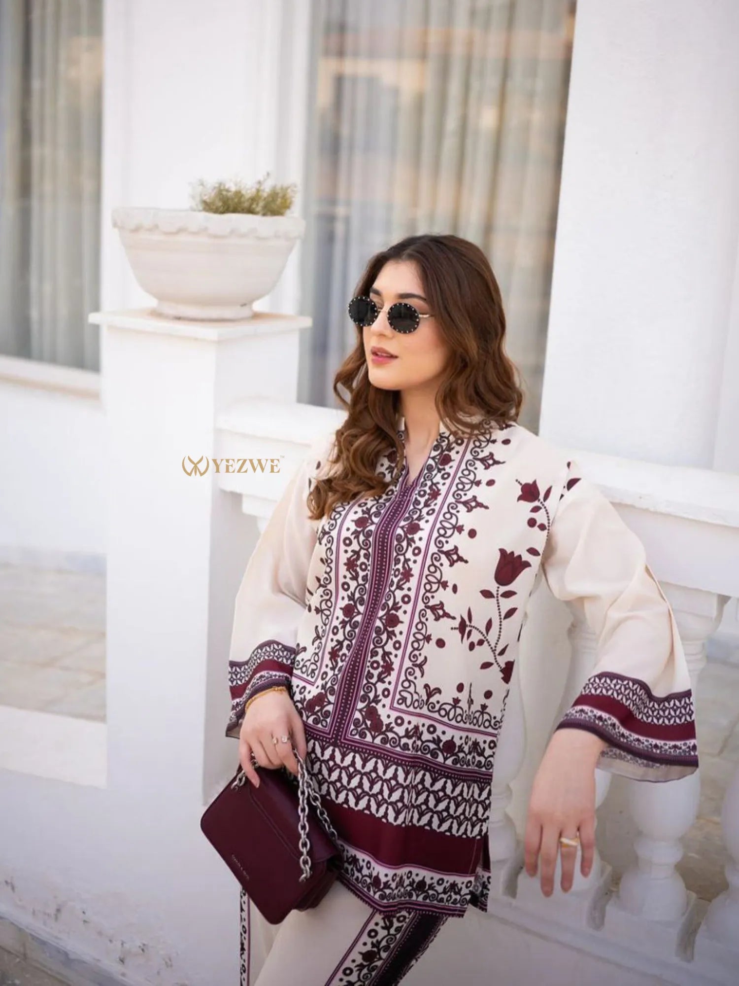 YEZWE Co-ord Set with Floral Design, featuring a Tunic and Pants in Elegant Cream and Burgundy Colors