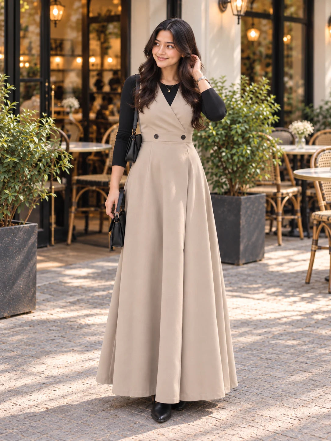 YEZWE Beige Layered Pinafore Maxi Dress with Black Inner Top styled outdoors at a cafe.