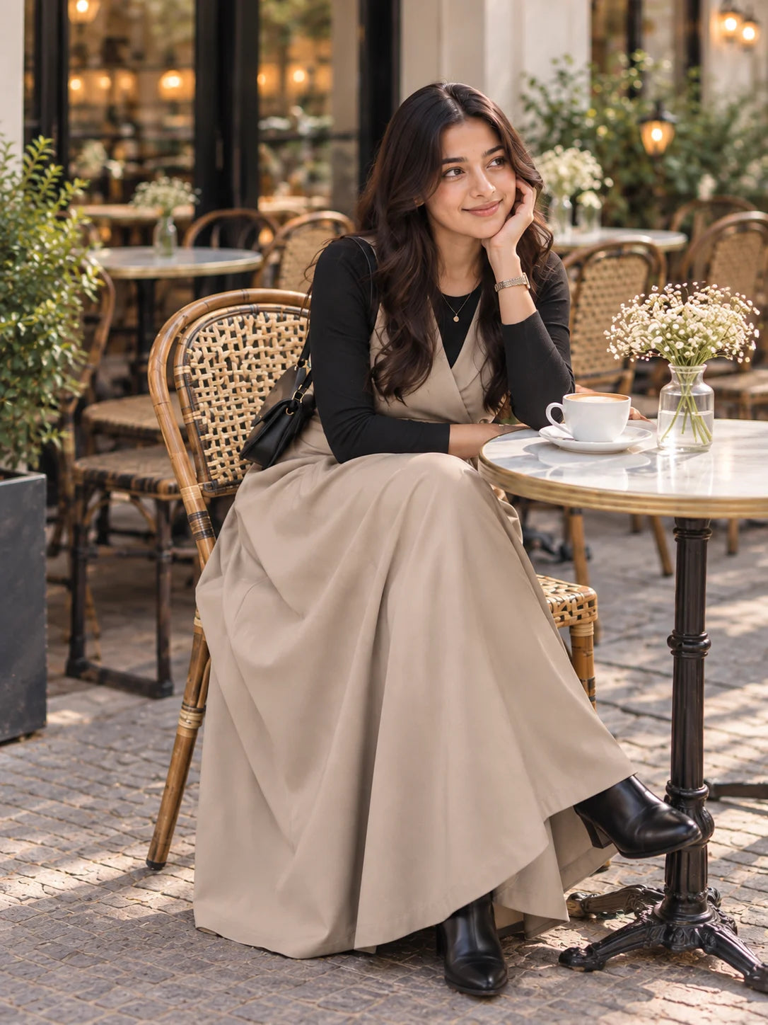 YEZWE Beige Layered Pinafore Maxi Dress with Black Inner Top worn by a woman sitting at a cafe table