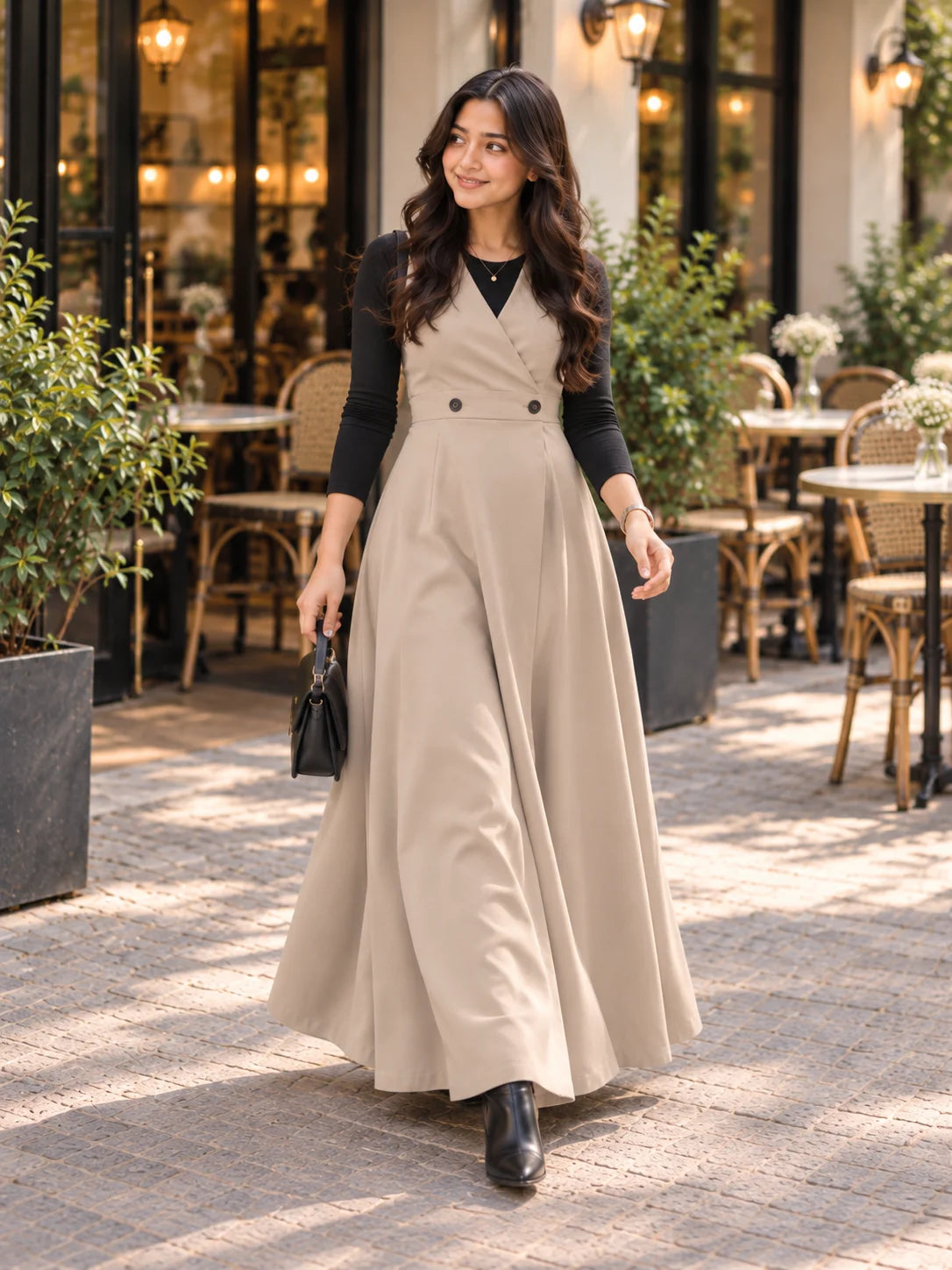 YEZWE Beige Layered Pinafore Maxi Dress with Black Inner Top, perfect for stylish outings and events