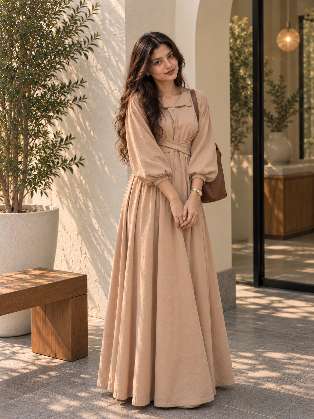 YEZWE Beige Pleated Cross-Waist Maxi Dress for Women with a Flowing Skirt and Puff Sleeves