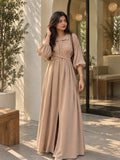 YEZWE Beige Pleated Cross-Waist Maxi Dress for Women with Balloon Sleeves and Elegant Slit