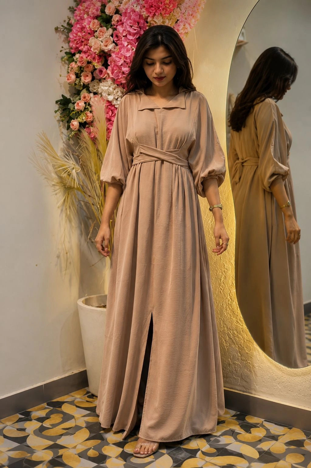 YEZWE Beige Pleated Cross-Waist Maxi Dress for Women with a stylish front slit and elegant sleeves