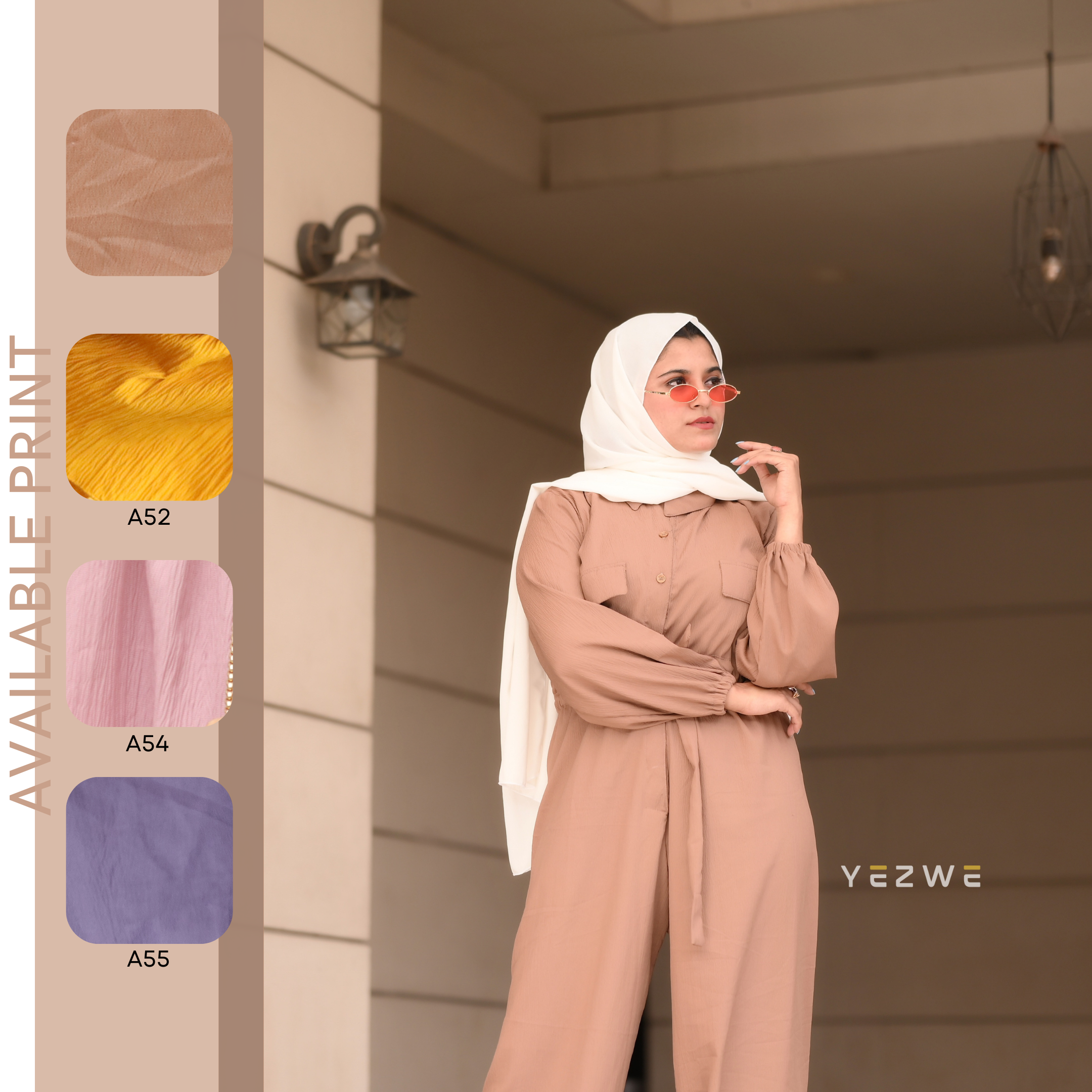 Yezwe belted front open jumpsuit in beige with stylish sunglasses and a hijab