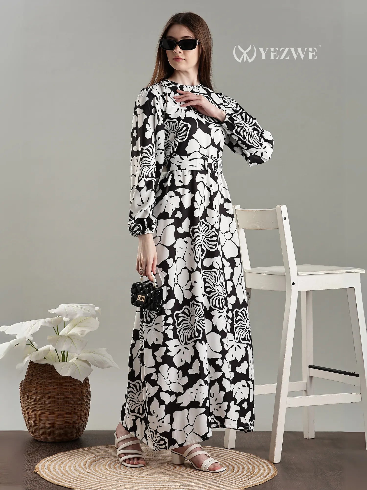 YEZWE Black And White Floral Full length Modest Maxi Dress styled with sunglasses and accessories