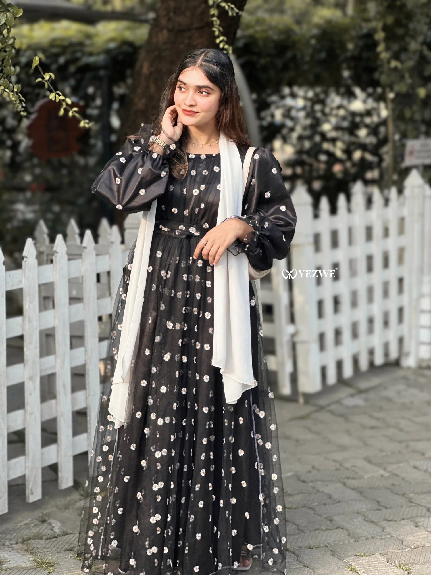 Yezwe black floral embroidery gown with sheer sleeves and a flowing silhouette for elegant occasions