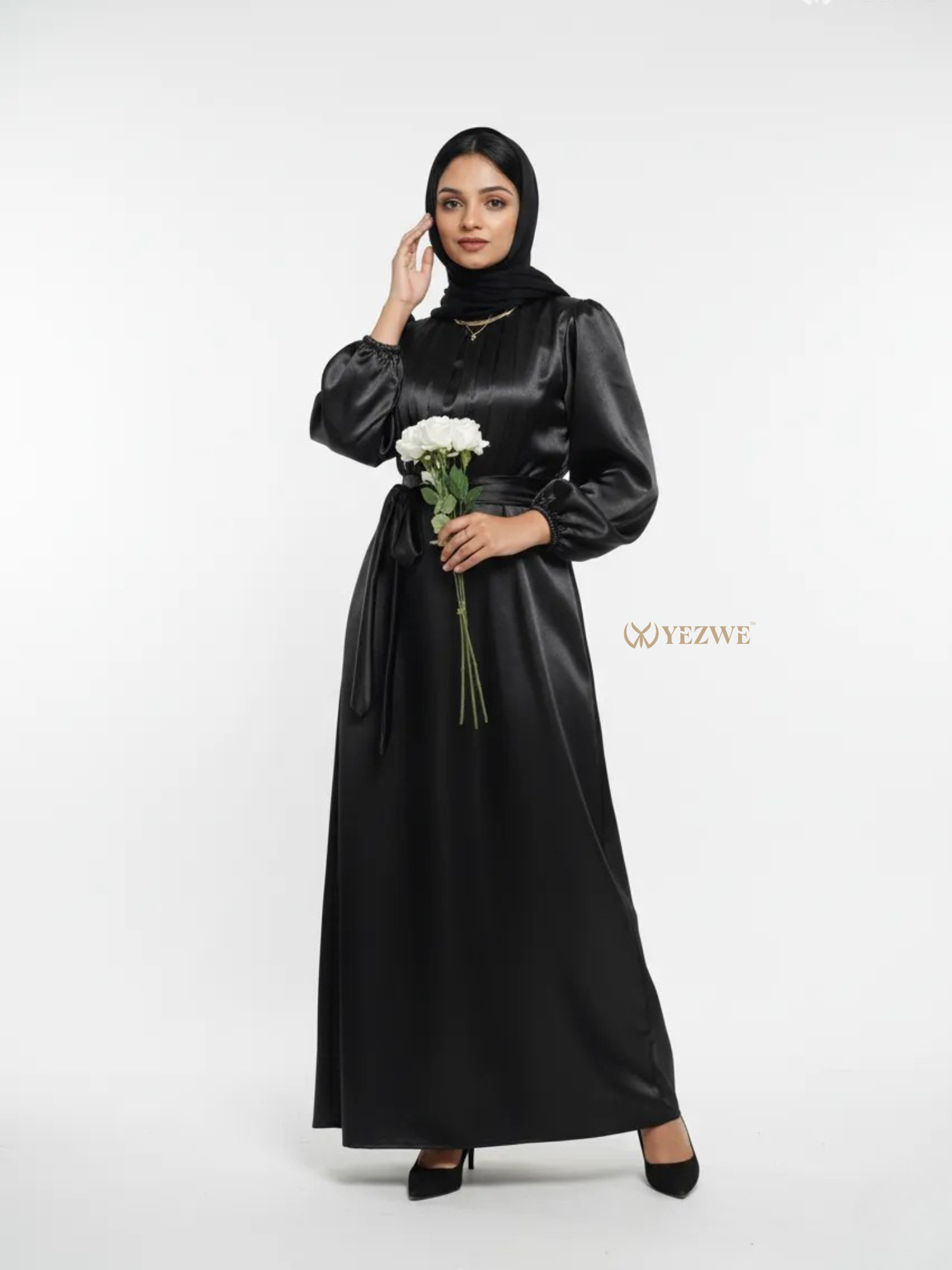 Elegant black Satin Maxi Dress by YEZWE with puff sleeves and a stylish belt for any occasion