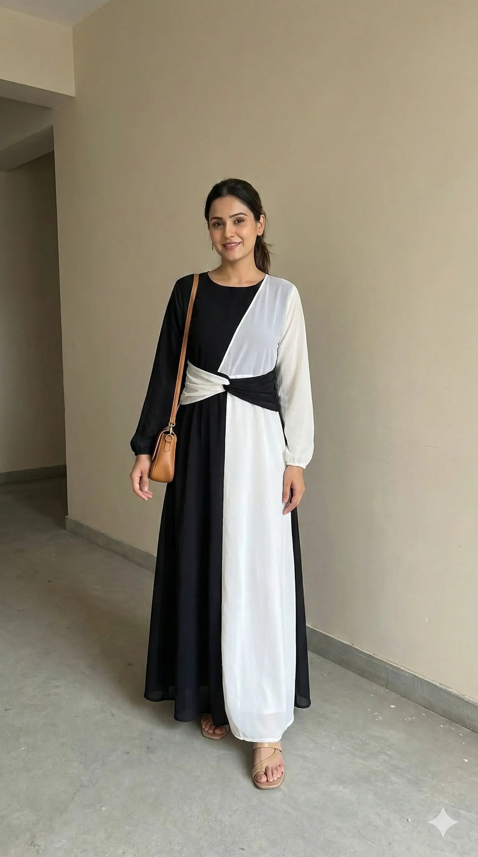 young woman wearing a black and white dual tone modest maxi dress smiling naturally full length indoor front view