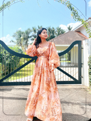 Yezwe brown floral georgette maxi dress with puffed sleeves and elegant flowing design