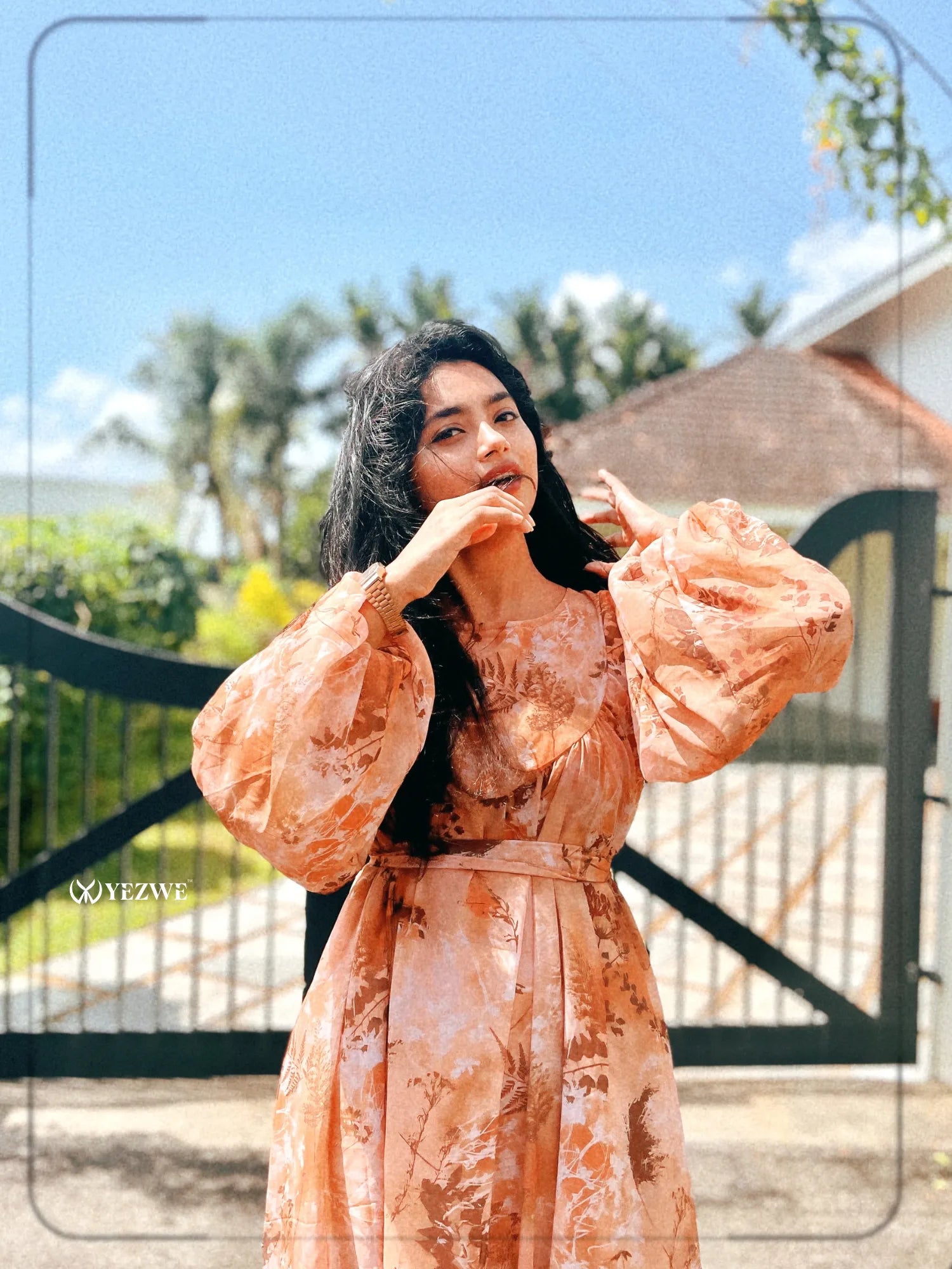 Yezwe brown floral georgette maxi dress with voluminous sleeves and a tie waist for a feminine look