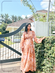Yezwe brown floral georgette maxi dress with long sleeves, perfect for elegant casual wear