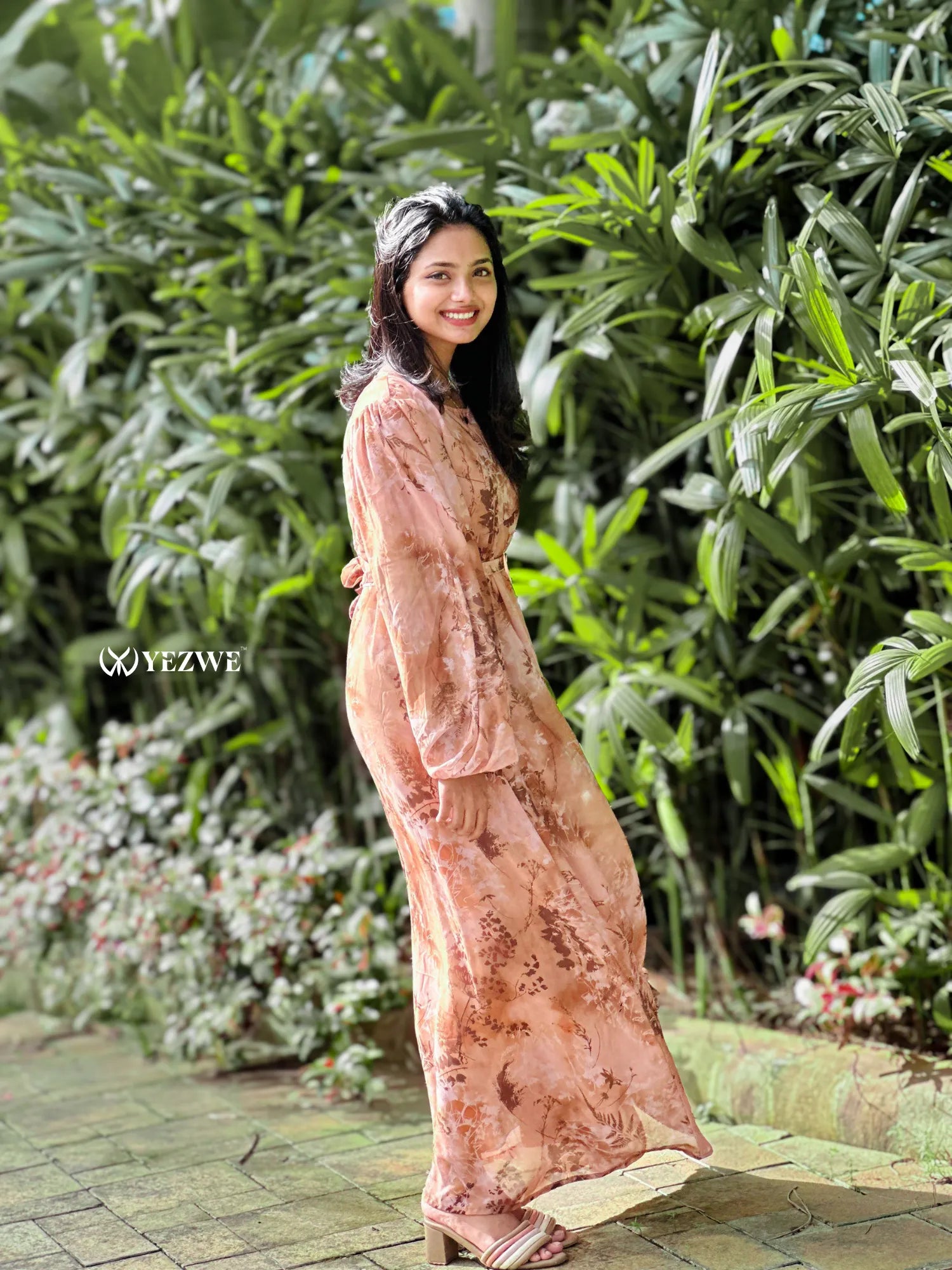 Yezwe brown floral georgette maxi dress featuring long sleeves, flowy design, perfect for casual outings