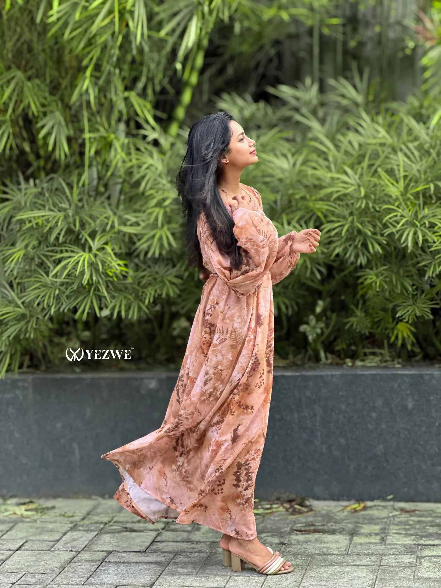 Brown floral georgette maxi dress by Yezwe, featuring a flowing design and long sleeves