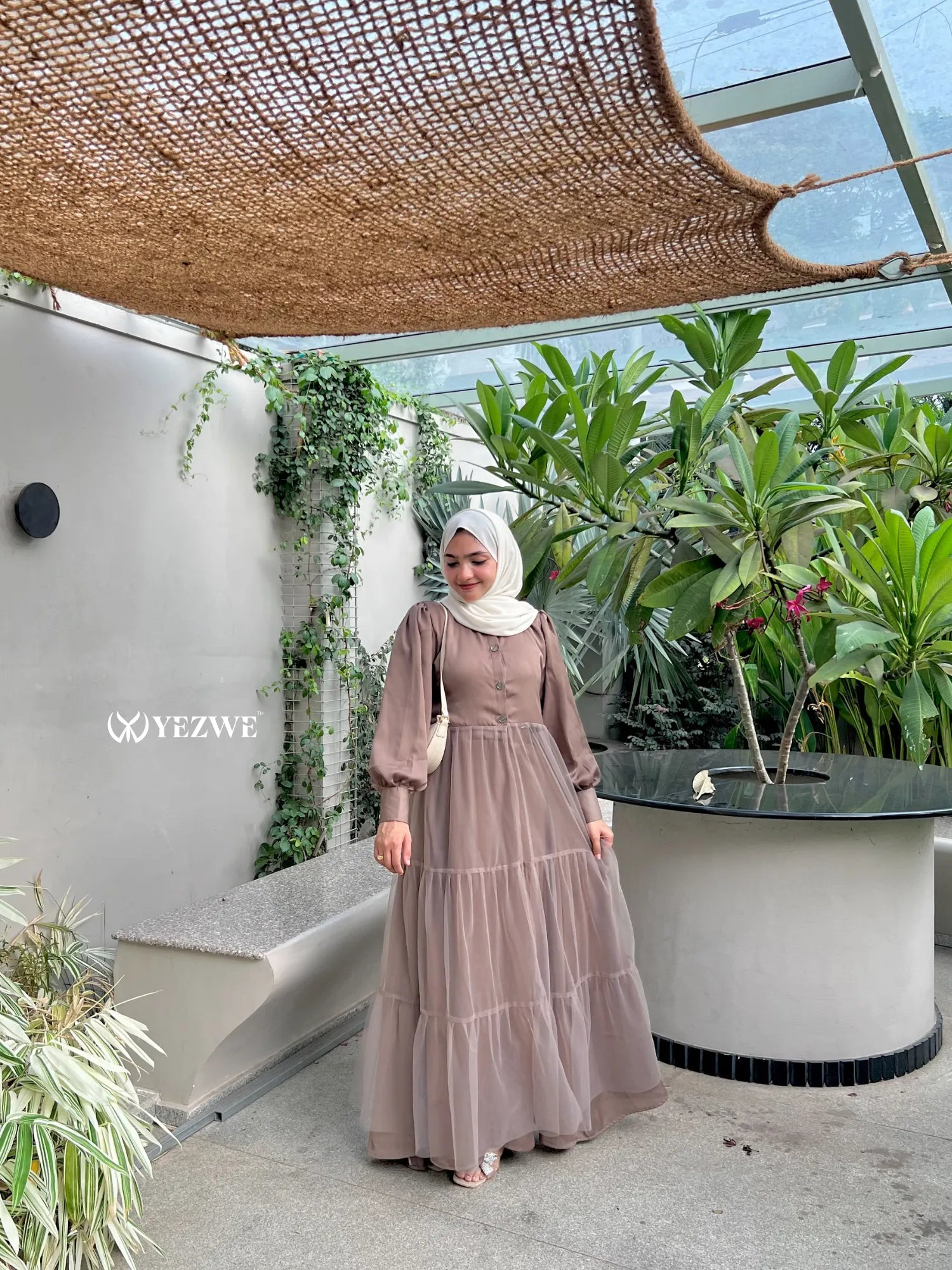 YEZWE brown skirt and top modest party wear co-ord set with long sleeves and flowy skirt