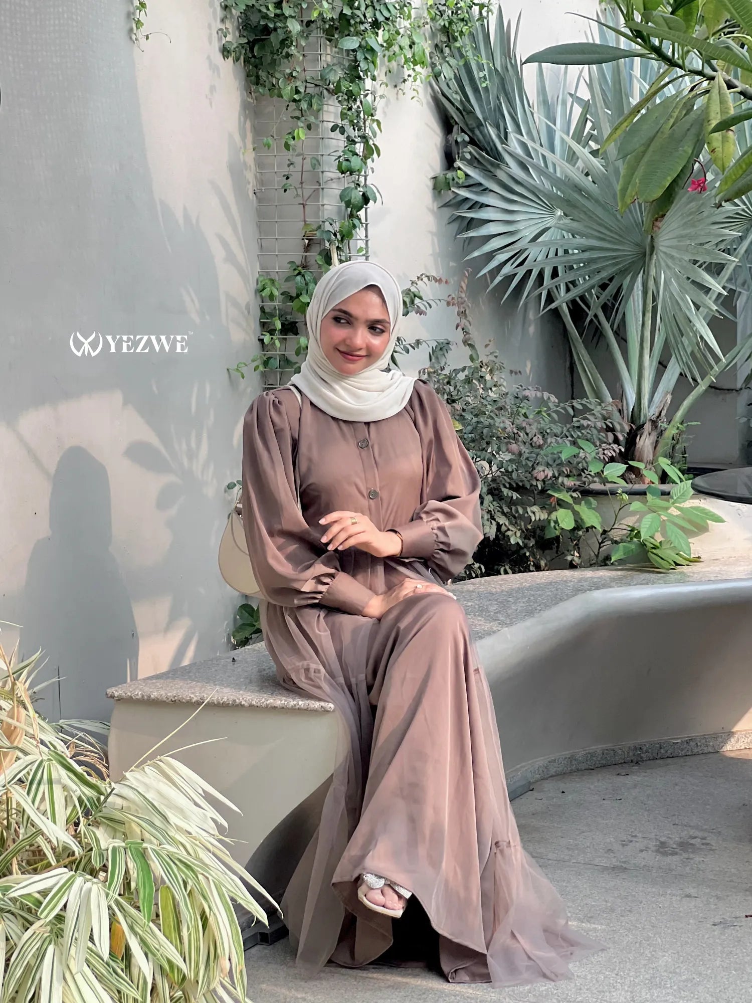 YEZWE brown skirt and top modest party wear co-ord set with long sleeves and flowy design