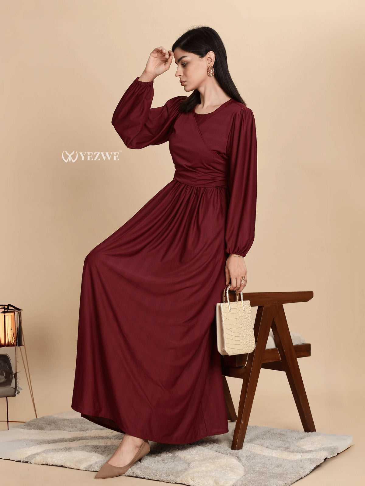 yezwe burgundy moss rib maxi dress