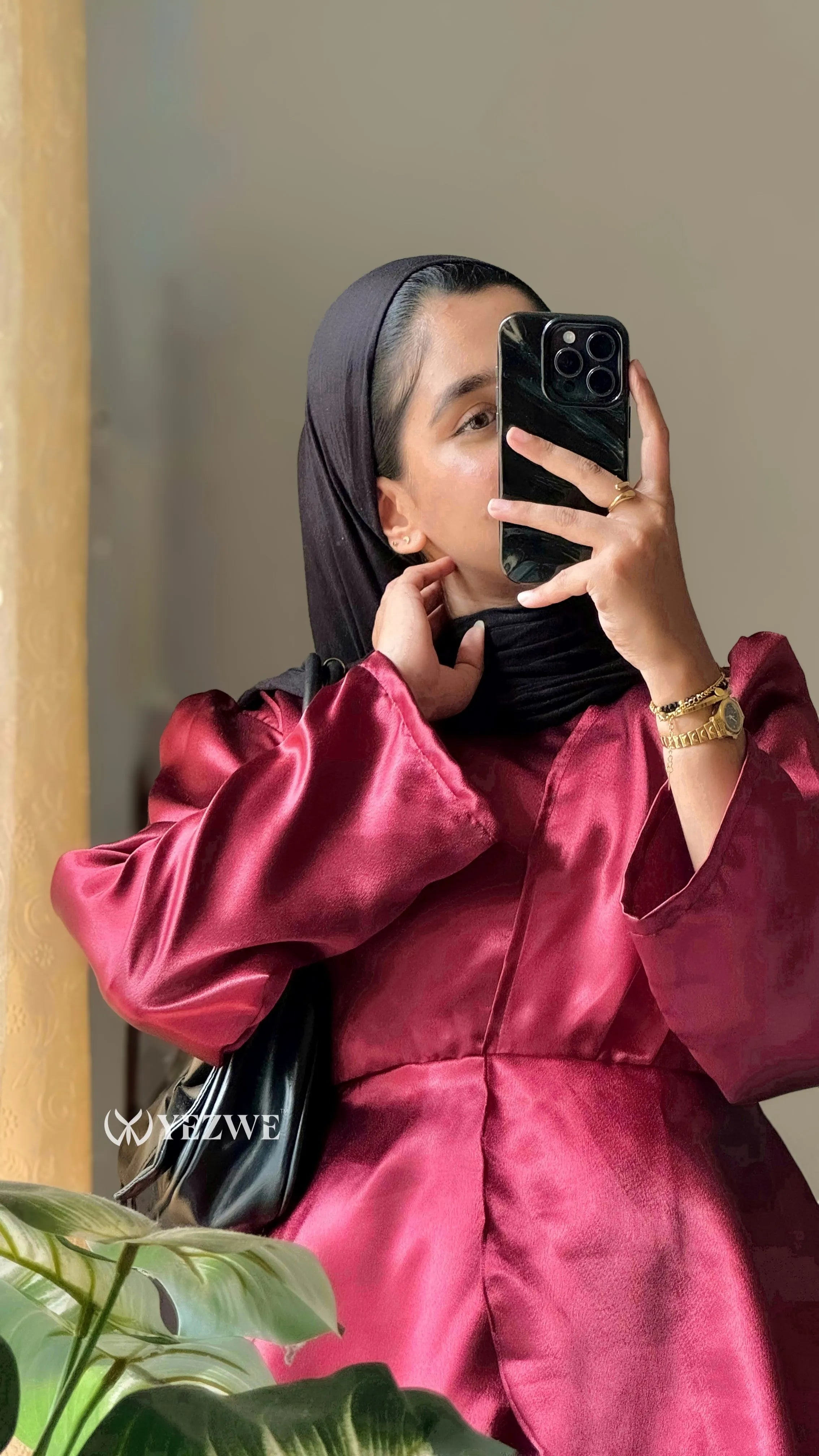 Stunning burgundy satin co-ord set with elegant sleeves, perfect for stylish occasions.