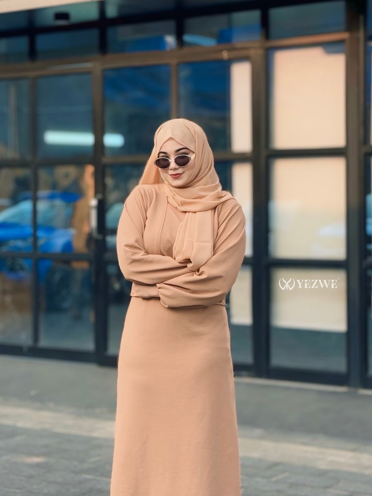 Stylish camel brown modest co-ord set featuring a comfortable long top and matching skirt