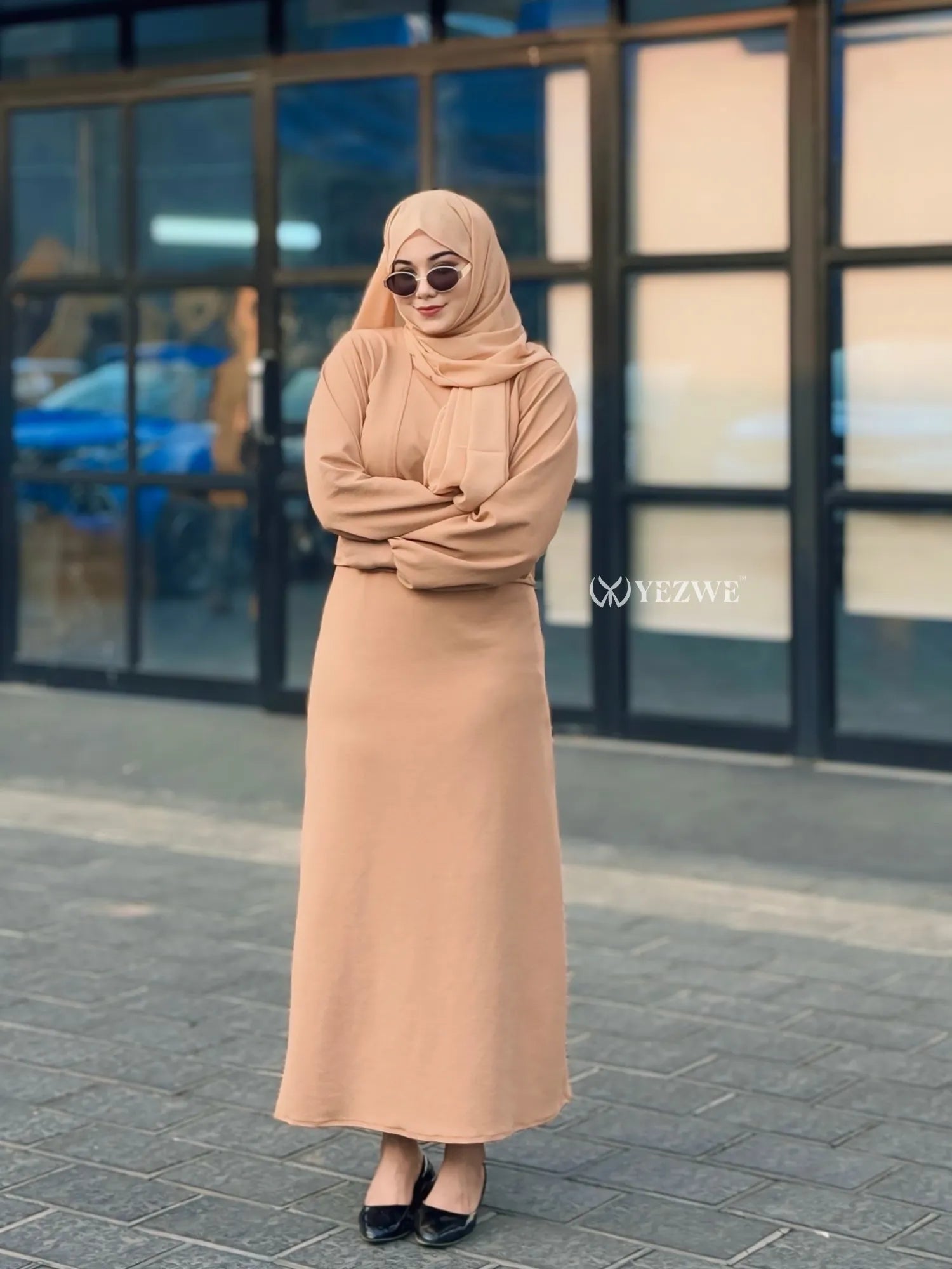 Camel brown modest co-ord set featuring a long dress and matching top for stylish comfort