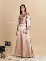 Yezwe Eid Luxe Hazelnut Satin Moss Belted Maxi Dress – Elegant Modest Evening Gown