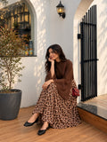 YEZWE Chocolate Brown Georgette Bell Sleeve Top & Classic Leopard Print Skirt in Outdoor Setting