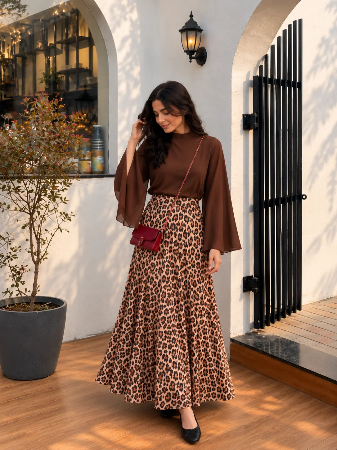 YEZWE Chocolate Brown Georgette Bell Sleeve Top & Classic Leopard Print Skirt Co-Ord Set