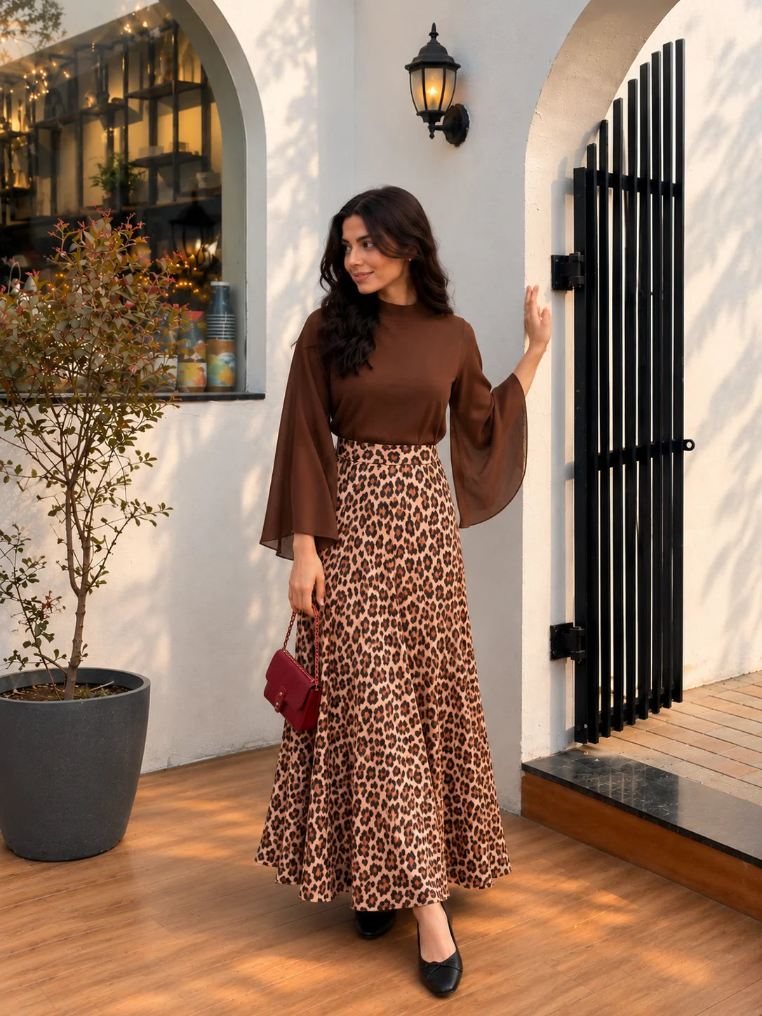 YEZWE Chocolate Brown Georgette Bell Sleeve Top & Classic Leopard Print Skirt Outfit