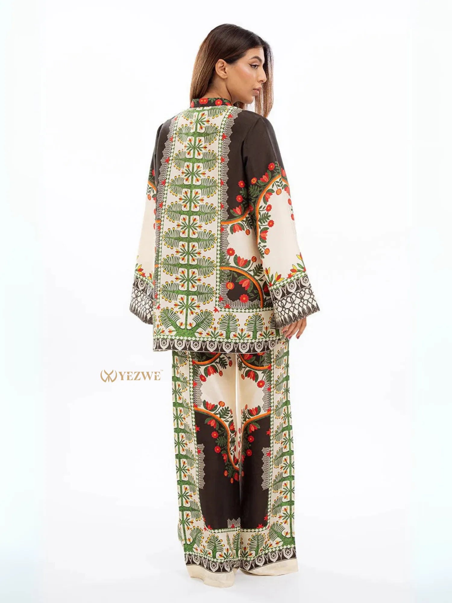Yezwe Co-Ord Set featuring a floral and geometric patterned tunic with matching wide-leg bottom