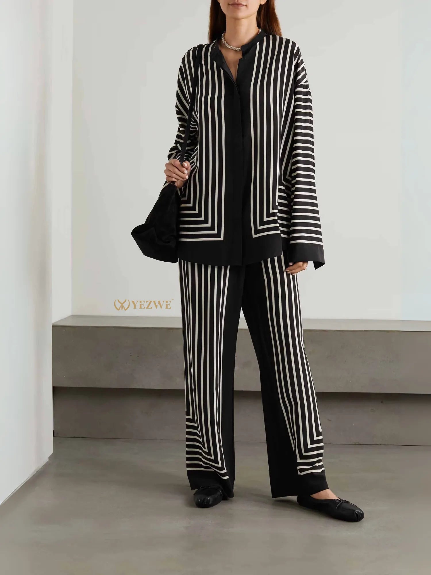YEZWE black and white striped Co-Ord Set featuring oversized top and wide-leg pants