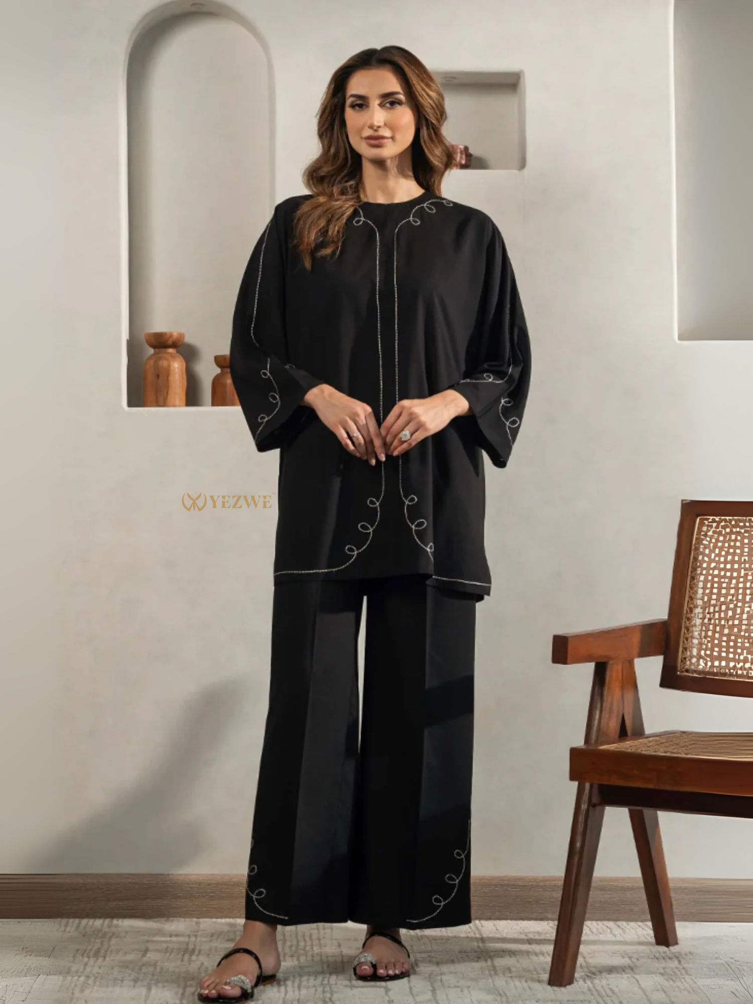 Yezwe black tunic with bottom Co-Ord Set featuring white embroidery and wide-leg pants